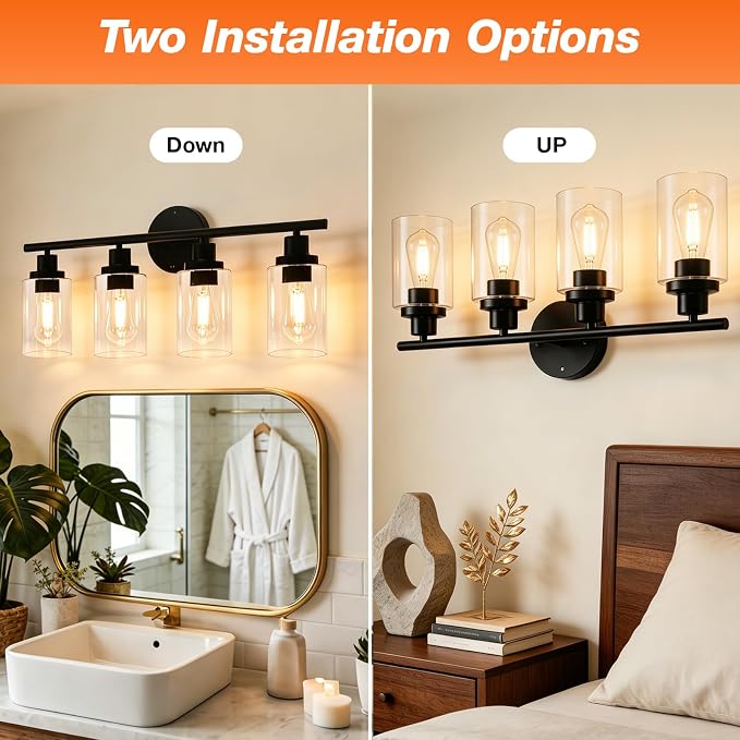 LEDVANCE Sylvania 23" Modern Bathroom Light Fixture with 4 Clear Glass Shades, Iron with Black Finish, E26 Medium Base, Vanity Lights for Bathrooms, Foyers, Entryways - 1 Pack (67905)