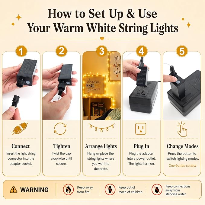 PJT 200 LED Classroom String Lights 66FT Warm White Fairy Lights, Teacher Classroom Decor Plug in Lights with 8 Lighting Modes for Bulletin Board, Reading Corner, Wall, Back to School, Home Decor