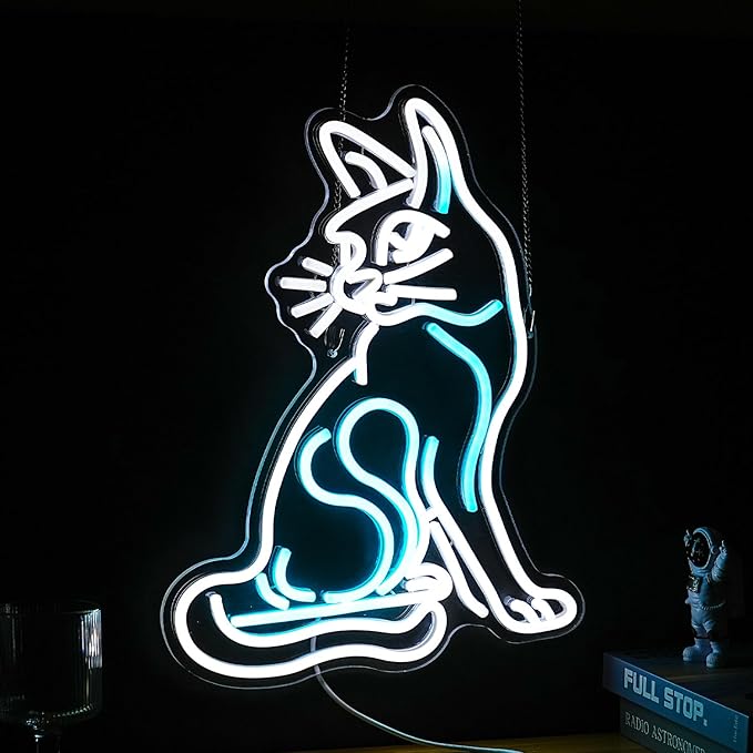 Dimmable Cat Neon Sign White Ice Blue Cat Neon Light Led Cat Light Up Sign for Wall Decor USB Powered Neon Light Cat Sign for Pet Shop Bedroom Cat Cafe Art Room Cat Lover Gift(16.5"*13"）