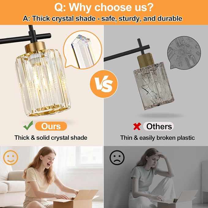Bathroom Wall Sconces Set of 2, Black & Gold Wall Lights with Clear K9 Crystal Shades, Bathroom Light Fixtures for Bedroom, Living Room, Hallway
