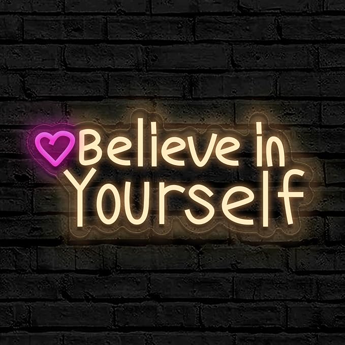 Believe in Yourself neon sign, suitable for classroom wall decoration, back-to-school season, graduation season, student gifts. Dimmable, USB powered, pink heart-shaped inspirational neon light.