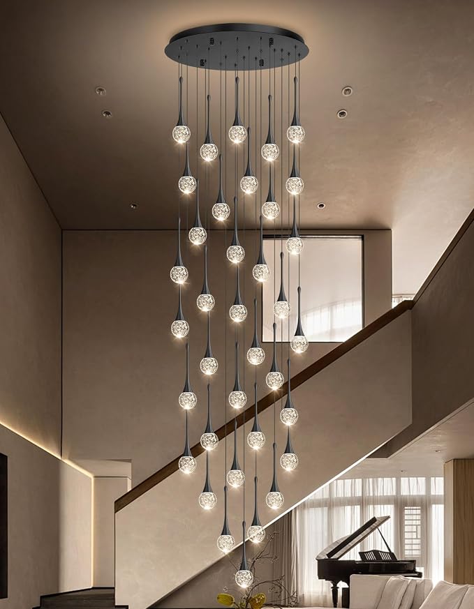 36 Light Modern Glam Crystal Chandelier for High Ceiling LED Dimmable Ceiling Pendant Light Staircase Foyer Enterway Living Room Chandelier Lighting Antique Black