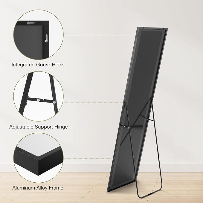 DUMOS Black Full Length Mirror with Stand, 59''x16.5'' Floor Mirrors with Aluminum Alloy Frame for Bedroom, Standing Full Body Mirror with Shatter-Proof Glass for Wall, Living Room, Cloakroom