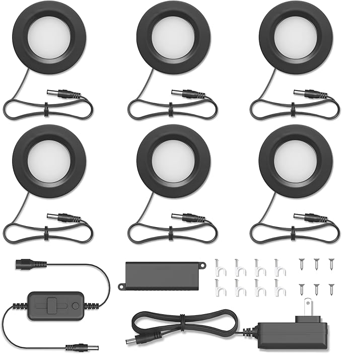 Getinlight 2.75" Under Cabinet LED Puck Lights Kit, Plug-in 12V Set with in-Line Dimmer, 3000K Warm White, Recessed or Surface Mount, ETL Listed, 6-Pack, IN-0102-6-BK