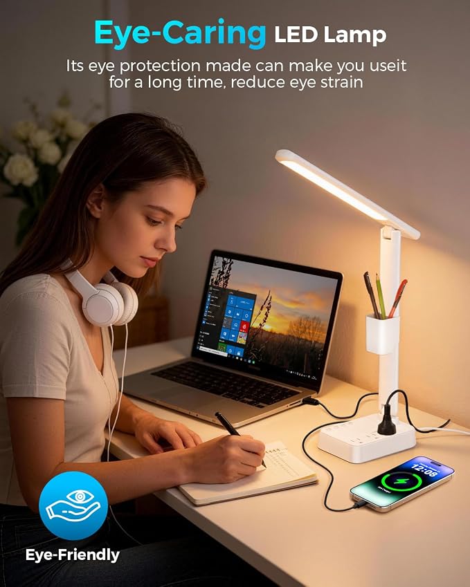 LED Desk Lamp with Power Strip, 3 AC Outlets, 4 USB Ports, Stepless Dimming | 2800K-6500K Color, 2 USB-C, Foldable Design, Timer & Memory, Study, Home Office & College Dorm, 10FT Cord