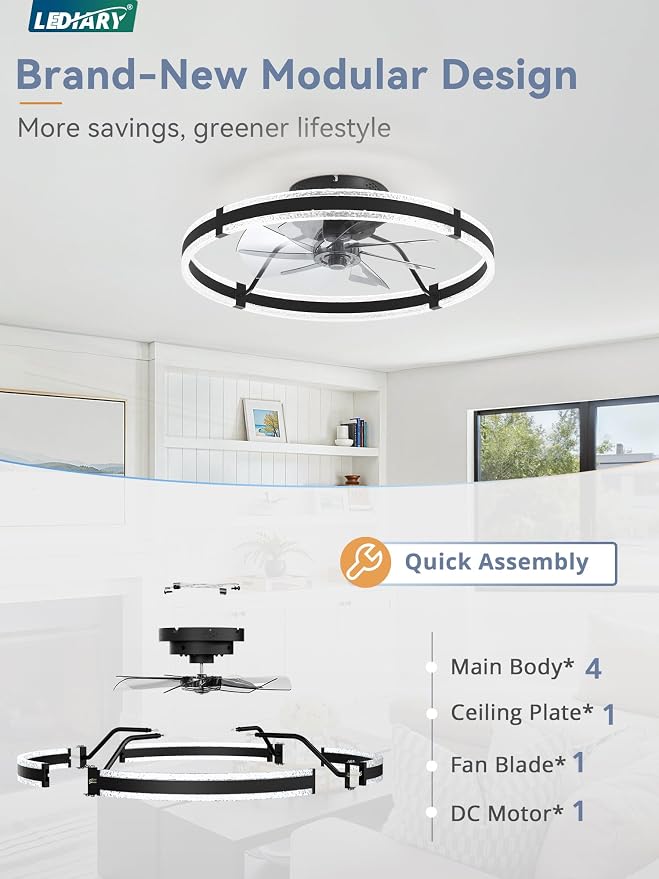 LEDIARY 24'' Modern Low Profile Ceiling Fans with Lights and Remote, Black | 3000-6000K Dimmable LED, 6 Wind Speeds, Quiet Reversible DC Motor, Small Flush Mount Fandelier for Bedroom, Living Room