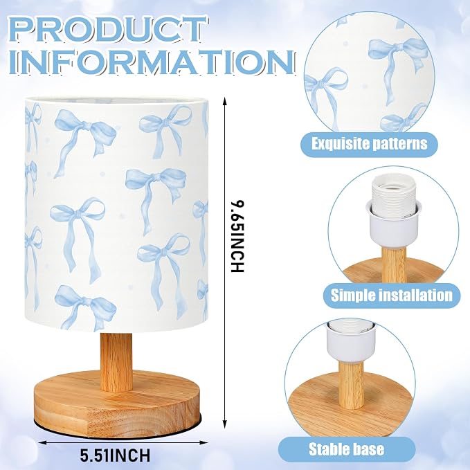 Blue Bow Kids Table Lamp for Bedroom Kids Bedside Lamp with Linen Wooden Nightstand Cartoon Nursery Lampshade for Girls Boys Living Room