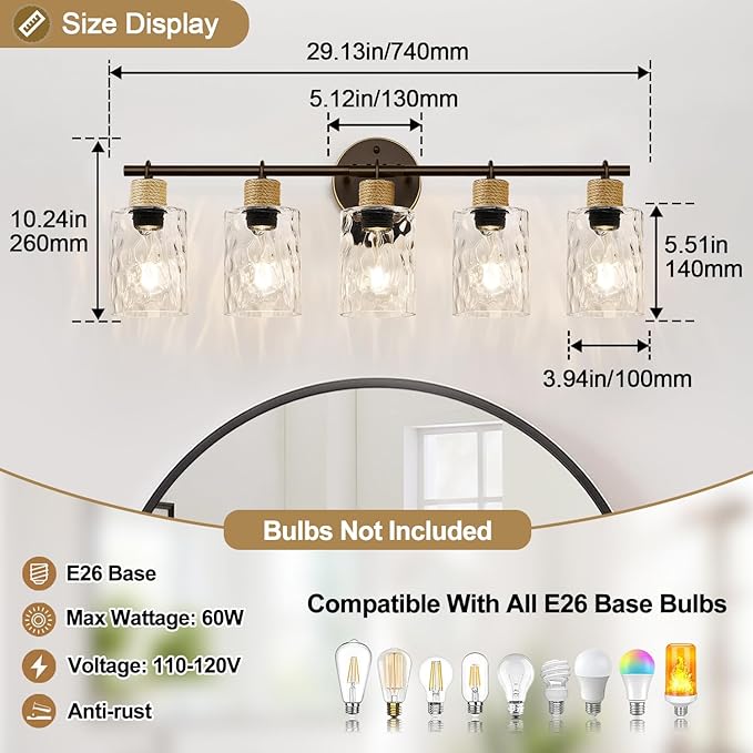 Bathroom Light Fixtures, 5-Light Coastal Vanity Lights with Crystal Glass Shade, Oil-Rubbed Bronze Bathroom Wall Lamp for Mirror Kitchen Hallway Cabinet
