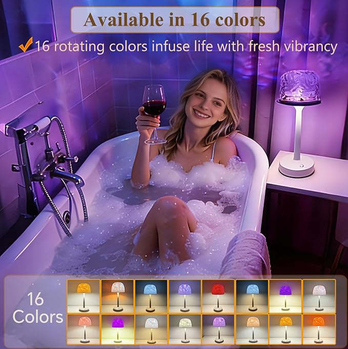 Shower Lamp Waterproof, Rechargeable Cordless Table Lamp (Khaki) | 16 color ocean wave projection with remote& touch control, Battery powered lamp for Inside Showers/ Bathtubs, Bedroom, patio