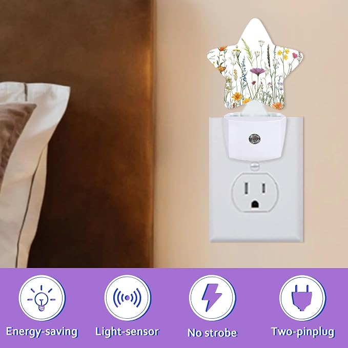 Night Lights Plug Into Wall Decorative,Spring Flower Nightlights for Kids Bedroom, Rustic Wildflower Energy Efficient Dusk-to-Dawn Sensor Sleep Friendly Lamp for Nursery Bathroom