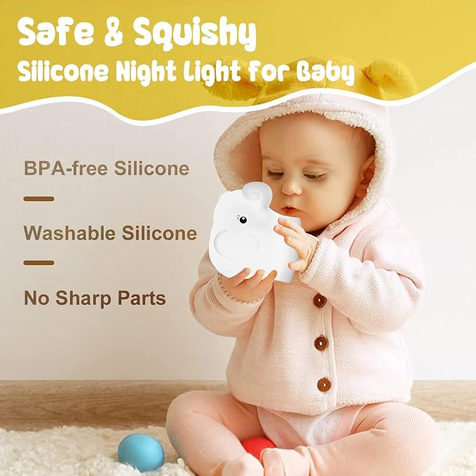 Elephant Night Light for Kids, Baby Nursery NightLight for Breastfeeding | New Born Baby Essentials Must Haves, BPA Free Silicone Night Lamp, Dimmable Nightlight, Rechargeable Light for Kids Adult