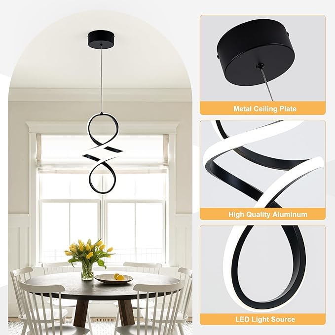 MAYNA Modern Spiral Led Chandelier, 4000K Pendant Light Kitchen Island, 18W Adjustable Height Island Light Fixture for Kitchen Bedroom Kitchen Island Cafe, 3 Pack (Black)