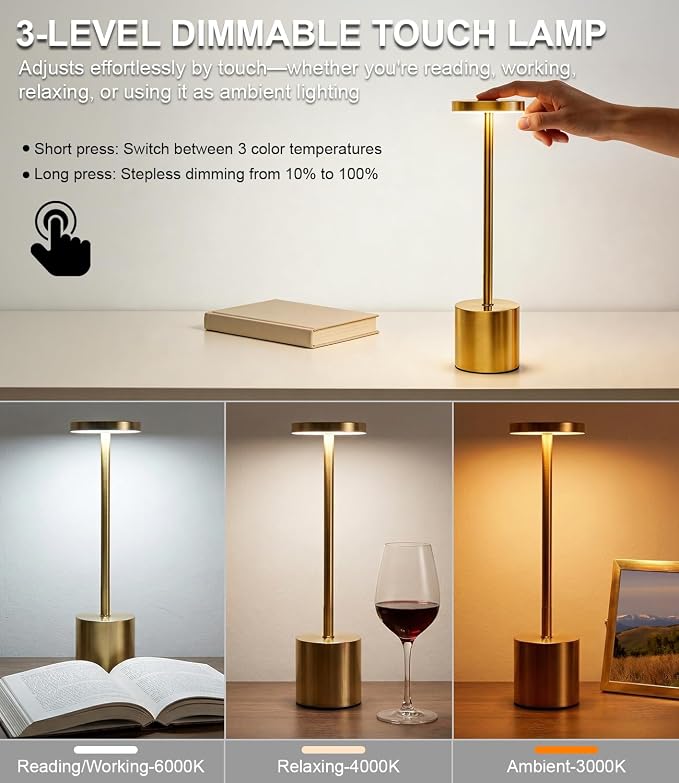 Swinerton Cordless Table Lamp Set of 2, Gold 5000mAh Rechargeable Battery Operated Lamps, Wireless 3 Color Dimmable Touch Lamp Table Light for Restaurant Dining Patio Outdoor, Home Decor