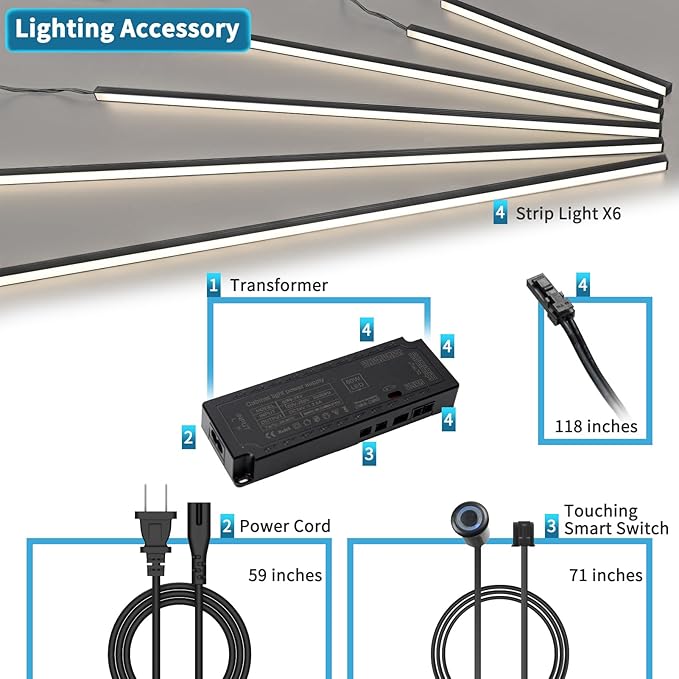 Art3d LED Recessed Lighting Kit - 6pcs Self-Adhesive White LED Light with Smart Switch, 3000k Touching Switch Light for Wood Slat Wall Panels, Headboards, Stairs, Under Cabinet, Home Decor