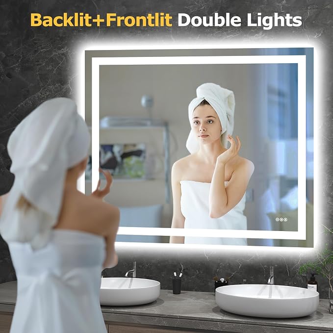 Hivone 48"X40" LED Bathroom Mirror with Lights, Anti-Fog, Dimmable, Backlit + Front Lit, Smart Bathroom Vanity Mirror, Memory Function, Shatterproof, Tempered Glass (Horizontal/Vertical)