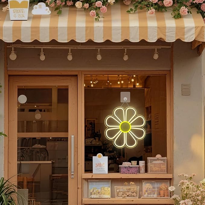 Flower Neon Sign Cute Daisy Dimmable LED Window Light for Bedroom Decor | 12.6IN*12.6IN,Five level brightness adjustment,USB powered,For Bar,Club,Pub,Living room,Bedroom,Restaurant,Beach Bungalow