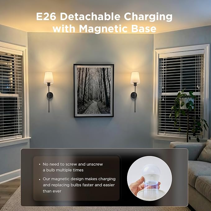Brightown Battery Operated Wall Sconces Set of 2,Black Sconces Wall Decor | RGBWW Rechargeable Wall Lights with Dimmable Magnetic Bulbs & Remote, Wireless Wall Lamp for Living Room Bedroom Hallway
