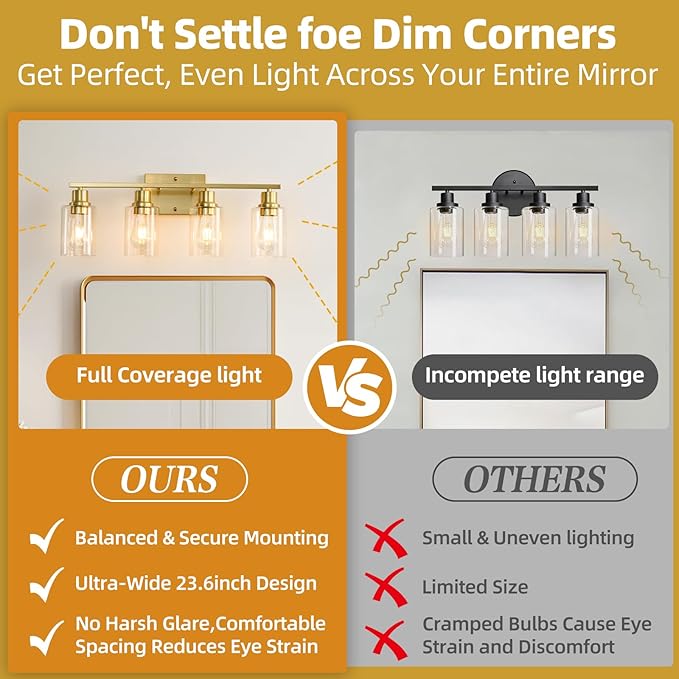 EMONG 4-Light Gold Bathroom Light Fixtures 23.6'' Brushed Gold Vanity Light Over Mirror with Clear Glass Shade Modern Wall Sconce Classic Wall Light Fixture for Hallway Porch Farmhouse Living Room