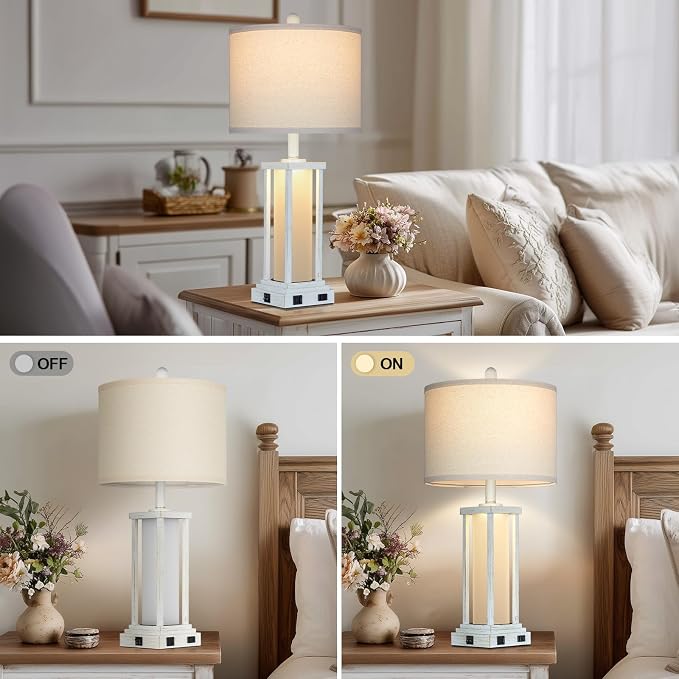 27" Tall Vintage Table Lamp Set of 2 with USB C+A & Outlet,Nightstand Lamp for Living Room,Bedside Lamps with Frosted Glass Night Light for Bedroom Entryway,White