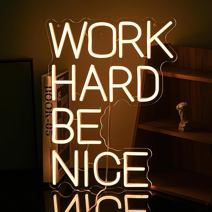 Work Hard Be Nice Neon Sign for Wall Decor Warm White Neon Light Powered by USB Dimmable LED Letters Neon Light Sign for Office Study Room Classroom Bedroom Meeting Room Neon Decor