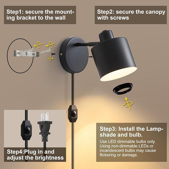 Lightess Black Plug in Wall Sconces Set of 2 Dimmable Corded with Switch | 350° Rotatable Lamp Head, Dimmable Corded Fixture With On Off Switch, Fits Bedside Kitchen Hallway; Bulbs Not Included