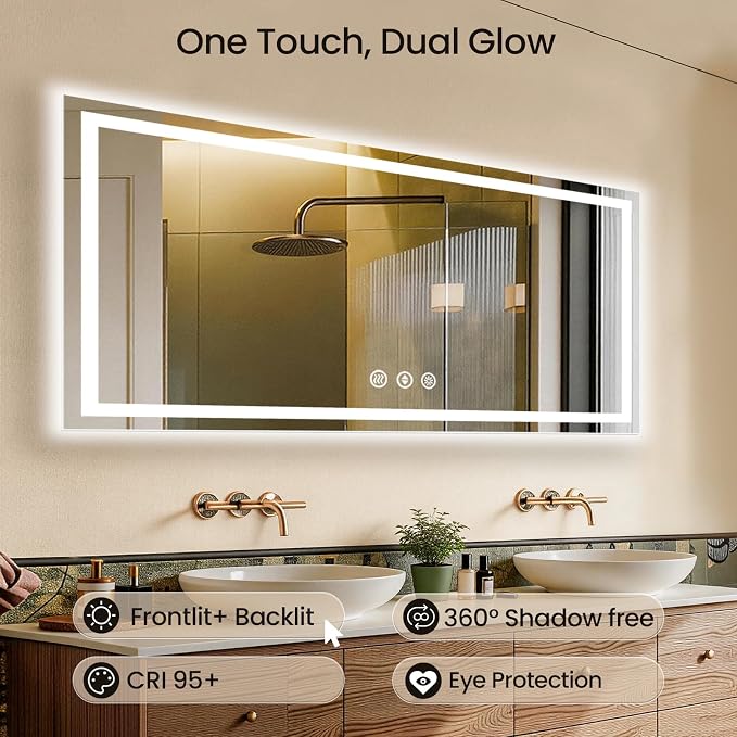 72x30 LED Bathroom Mirror with Anti-Fog, Backlit & Front Lit, Memory | Stepless Dimmable 3 Color CRI 95+ Shatterproof Tempered Glass ETL Listed for Safety Lighted Bathroom Vanity Mirror for Wall