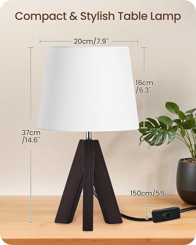 Small Table Lamp for Bedroom, 14.6" Bedside Lamp with White Linen Shade and Walnut Wood Tripod Base, Modern Nightstand Lamp for Living Room, Nursery, Entryway, E26 Socket, VW51TL05