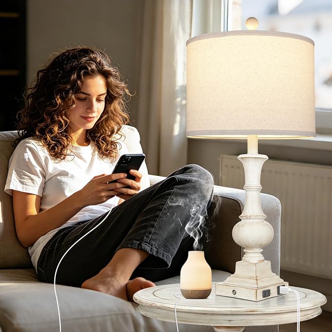 26" Tall Farmhouse Table Lamp for Living Room, Vintage Touch Control Bedside Lamp with USB A/C Charging Ports & AC Outlets, Rustic 3-Way Dimmable Nightstand Lamp for Bedroom End Table Antique White