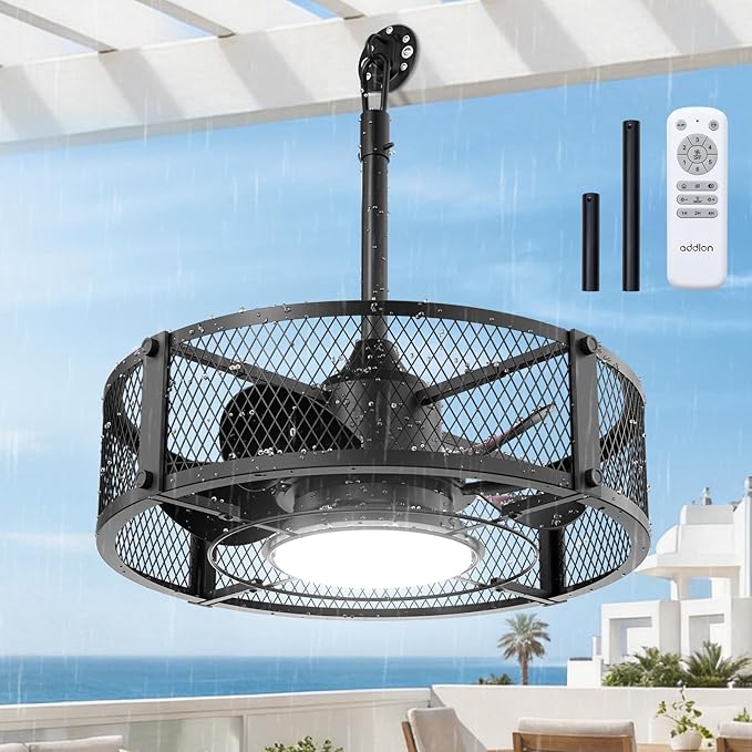 addlon 20" Outdoor Ceiling Fan with Light for Patio, IP65 Plug in Caged Fan | Waterproof, Hanging Hook, Reversible DC Motor, 6 Speeds, Remote Control, Quiet Operation, Timer, for Gazebo, Patio, Porch