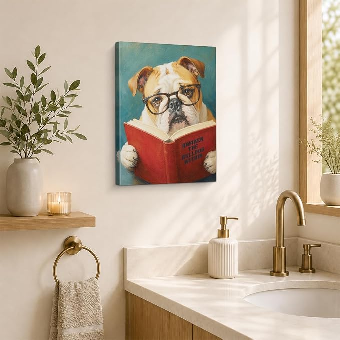 NSFBESSLIA Funny Reading Bulldog Painting, Whimsical Pet Animal Decor, Awaken The Bulldog Within, Vintage Wall Art for Living Room Bedroom Entryway, 8x10 Inch