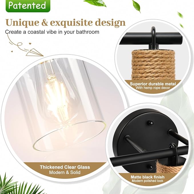 MOKATNG Bathroom Light Fixtures, 3-Light Farmhouse Vanity Lights with Hemp Rope, Black Bathroom Wall Lamp for Mirror Kitchen Hallway Cabinet
