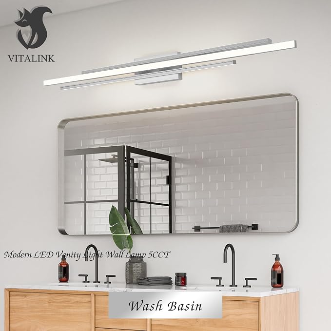 VitaLink 48 Inches Long Nickel LED Modern Bathroom Vanity Light Fixtures 25W Dimmable 5CCT Vanity Light Bar Over Mirror 3-Light Wall Light for Bathroom Over Mirror Picture Light