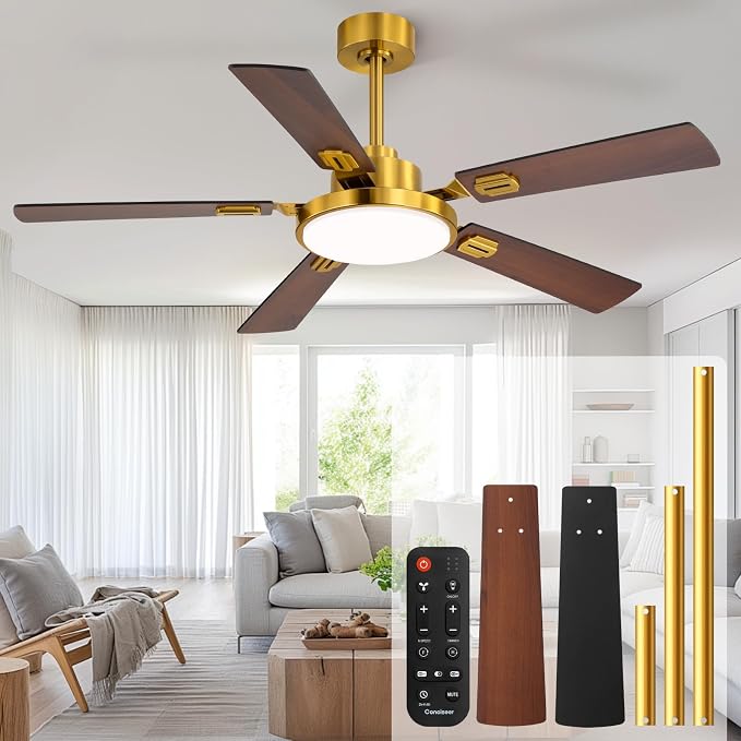 60 Inch Ceiling Fans with Lights and Remote, Bedroom Living Room Office Library Cafe Outdoor Industrial, 5CCT Dimmable, Dual Color 5 Blades, 6 Speed Reversible Quiet DC Motor, Gold/Wood Grain
