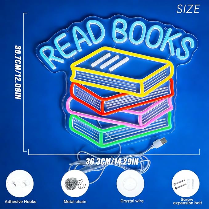 Read Books Neon Sign for Reading Room Library Classroom Wall Decor | Dimmable LED Neon Sign Colorful Book Design for Library Reading Nook Classroom Bedroom Bookstore Teacher Book Lovers Decor