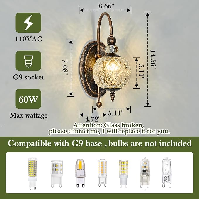 Piepooye Vintage Bronze Wall Sconce with Glass Globe Shade Mid Century G9 Bulb Wall Light Indoor Wall Lamp for Bathroom Farmhouse Bedroom Living Room Hallway