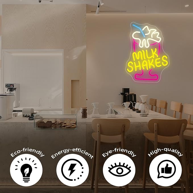 Milk Shakes Neon Sign, Colorful LED Ice Cream Light, USB Power | Dimmable Wall Decor Light-Up Signs for Dessert Shops, Restaurants, Bars, Fun Food Quote Neon Art Decoration for Room