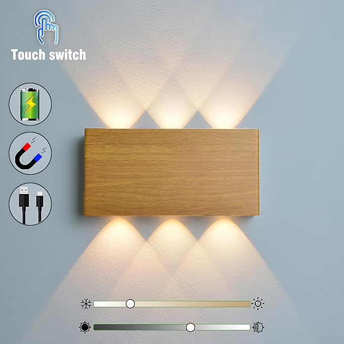 Shelprojsu LED Magnetic Wall Sconce Lights,5000mAh Wireless Bedside Wall Light USB Rechargeable Reading Wall Lamp,3 Lighting Colors and Dimmable Battery Operated Wall Sconces (Wood Color, 1 pcs)