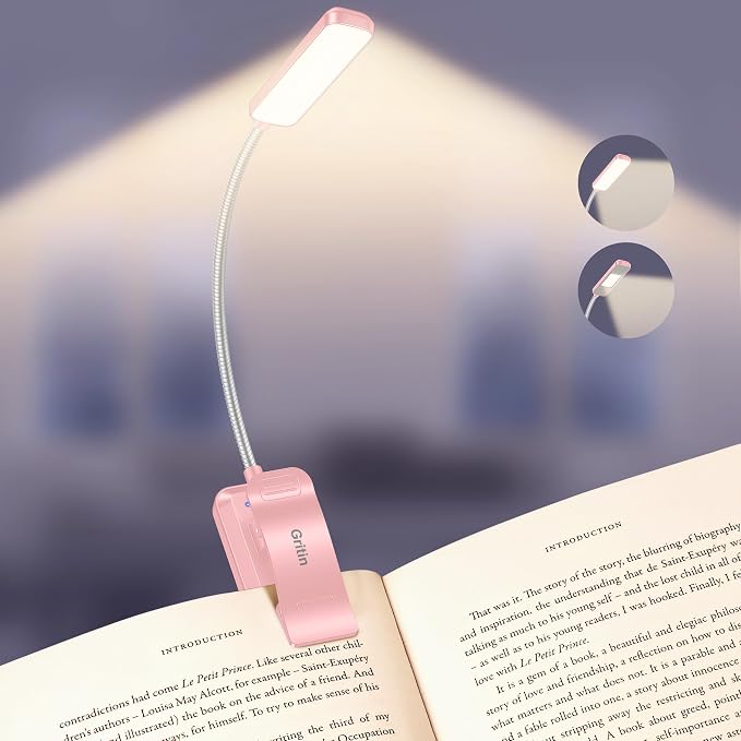 Gritin 2026 Gen 2 Book Light for Reading- 30 Eye Caring Full Spectrum LED | 5 Colors & 5 Brightness, Adjustable Wide/Narrow Beam, Upgrade 1500mAh Long-Lasting Rechargeable Clip on Light-Pink