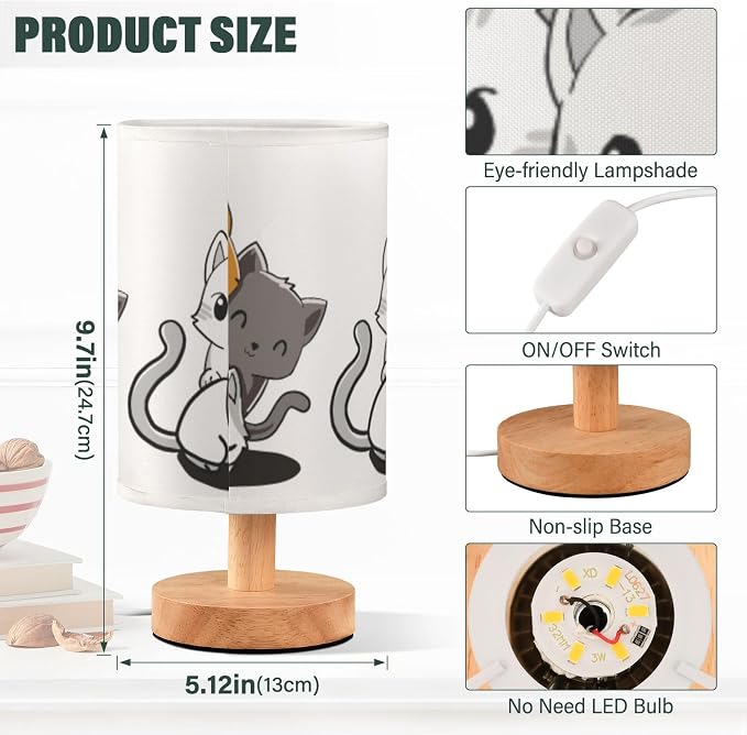 Table Lamp Cute Cartoon Cat Kitten Kitty Nightstand Lamp with Wood Base Fabric Lamp Shade Bedside Desk Lamp for Living Room Bedroom Kids Room Office