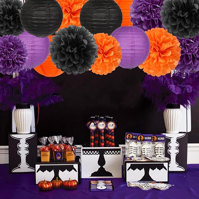 Purple-Orange Black Party-Decorations Paper-Flowers Lanterns - 15PCS Halloween Tissue Pom Poms Streamers,Vintage Birthday Retro Baby Bridal Shower Wedding Bachelorette Hanging Supplies Decor Hugfond