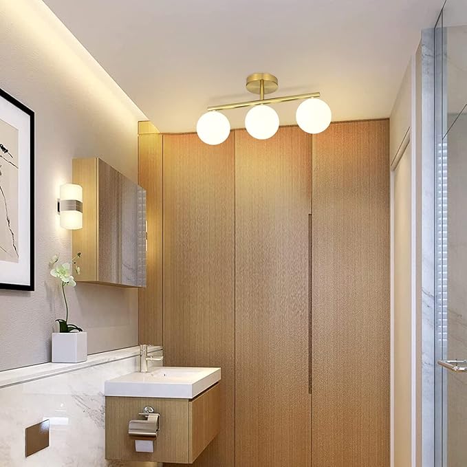 Bathroom Vanity Lights, 3-Light Bathroom Light Fixtures Gold Bathroom Lights, Mid Century Modern Brass Gold Vanity Light Dimmable Wall Sconce Wall Mount Light Fixture with Milk Glass, G9 Base