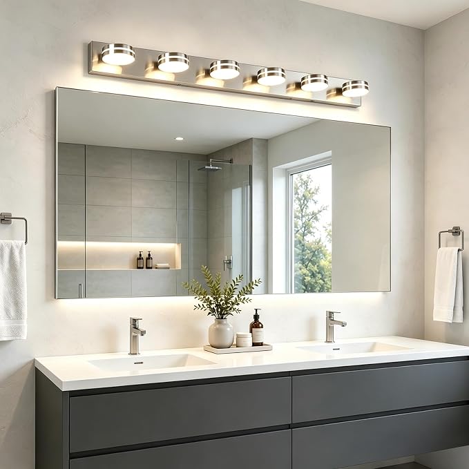 6 Light Brushed Nickel Vanity Light Fixtures, 47.24in 36W | LED Dimmable Bath Lights, Modern Wall Mounted Lighting Fixture with Rotating Lamp Head, Acrylic Metal, 5CCT Dimmable