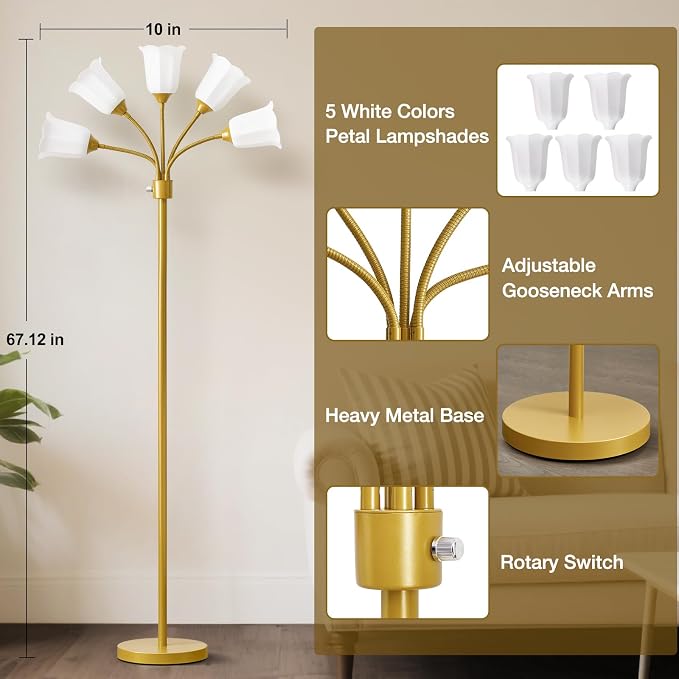 Medusa Floor Lamp, Multi Head Modern Tall Lamp with Adjustable Gooseneck Standing Gold Lamps for Living Room Kids Room&Bedroom-5 White Lampshades-Bulb Not Included