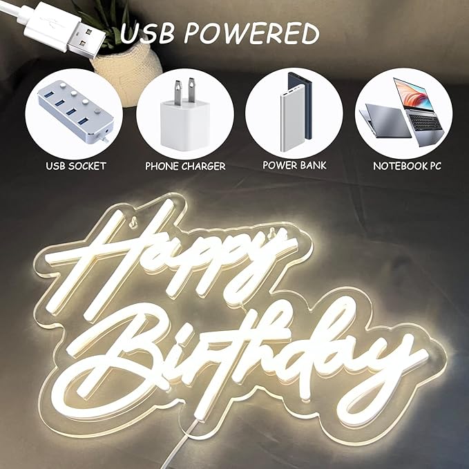 Happy Birthday Neon Sign for Wall Decor, 17×12 Inch Warm White LED Neon Light Signs, Art Decoration Happy Birthday Neon Light Sign for All Birthday Party Decoration with 2 Pcs Pasters