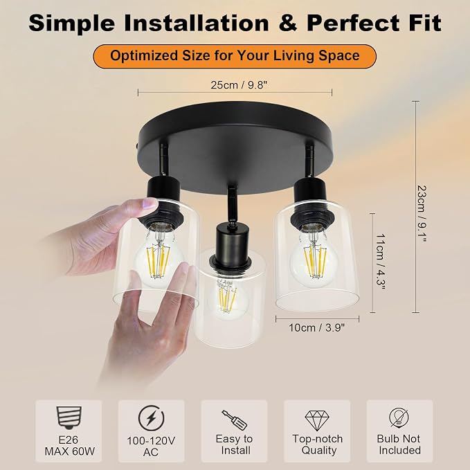 HiBay 3-Light Track Lighting Fixtures Ceiling Glass Directional Spotlight | Round 3 Heads with Glass Shades, Black Farmhouse Industrial, for Dining Area, Entryway, Closet, E26 Base
