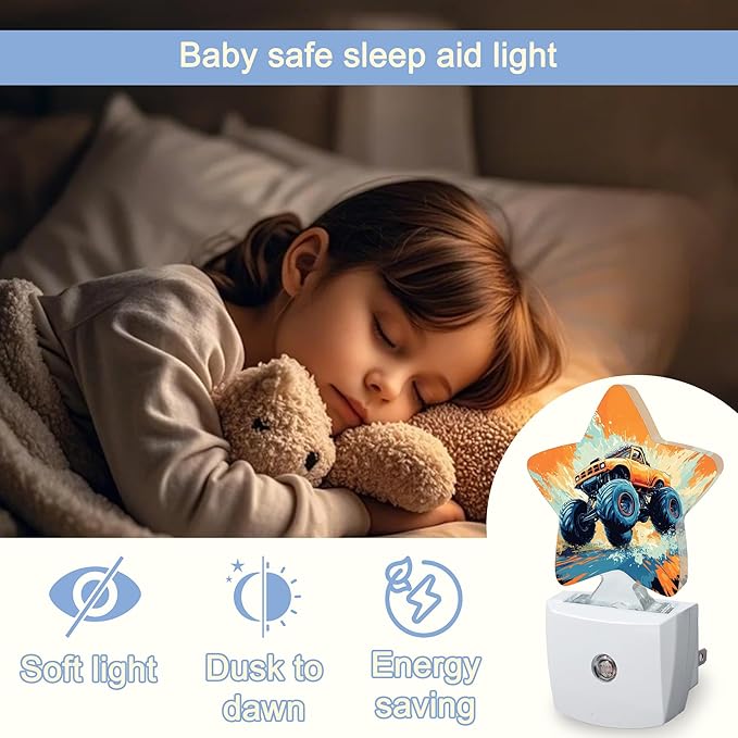 Cartoon Truck Nightlight,Cool Vehicle Cars Star Night Lights Plug into Wall Decorations for Bedroom Bathroom,Dusk to Dawn Sensor Kitchen Hallway Stairs Energy Efficient Desk Lamp