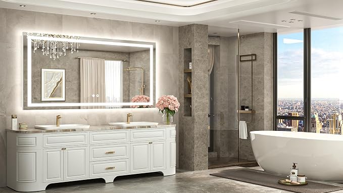 60 x 30 LED Lighted Bathroom Mirror with Lights, Brighter Front and Backlit Light up Mirror for Bathroom Vanity Wall, 3-Color Dimmable Illuminated Antifog Mirror, Waterproof, Tempered Glass