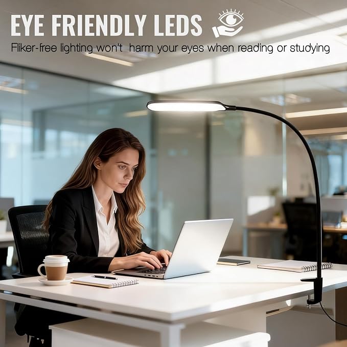 8W LED Desk Lamp with Long Gooseneck and USB Cable, 800LM | Metal Dimmable Clip on Lamp, 3 Colors and 10 Modes, Eye-Caring for Home Office Reading