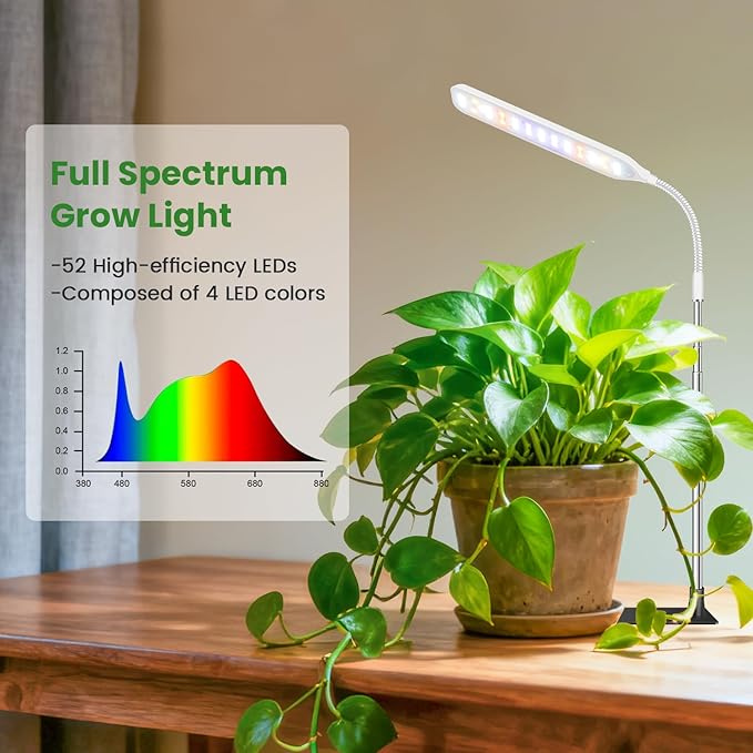Wolezek Grow Lights for Indoor Plants, 52 LEDs Full Spectrum Plant Grow Light with Base, Height Adjustable Grow Lamp with Auto Timer 6/12/16H, 5 Dimmable Brightness, for Small Plants, White, 2-Pack