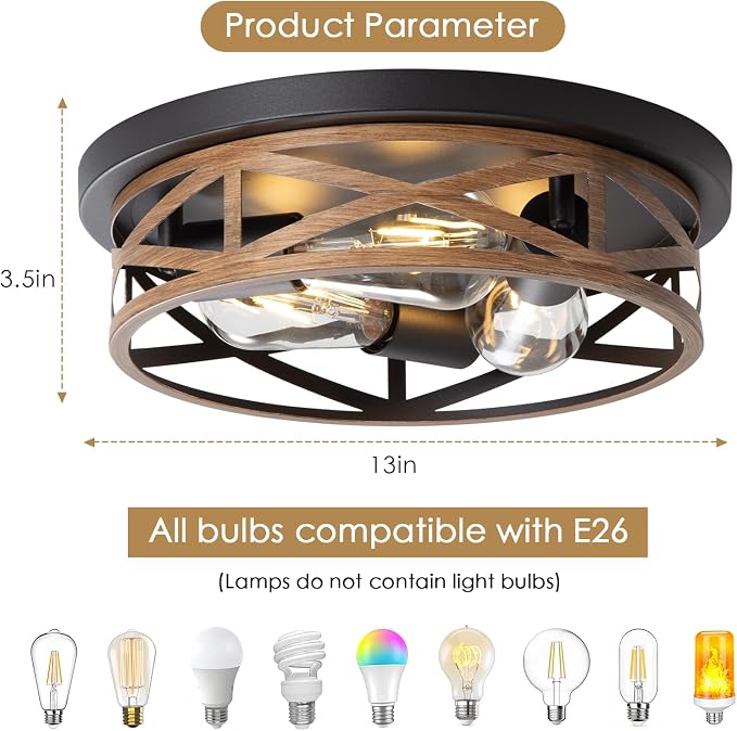 13 inch Flush Mount Ceiling Light Fixtures,3-Light Modern Hallway Light Fixtures Ceiling, Wood Grain Light Fixture Ceiling Mount for Farmhouse,Kitchen, Bedroom 2 Pack